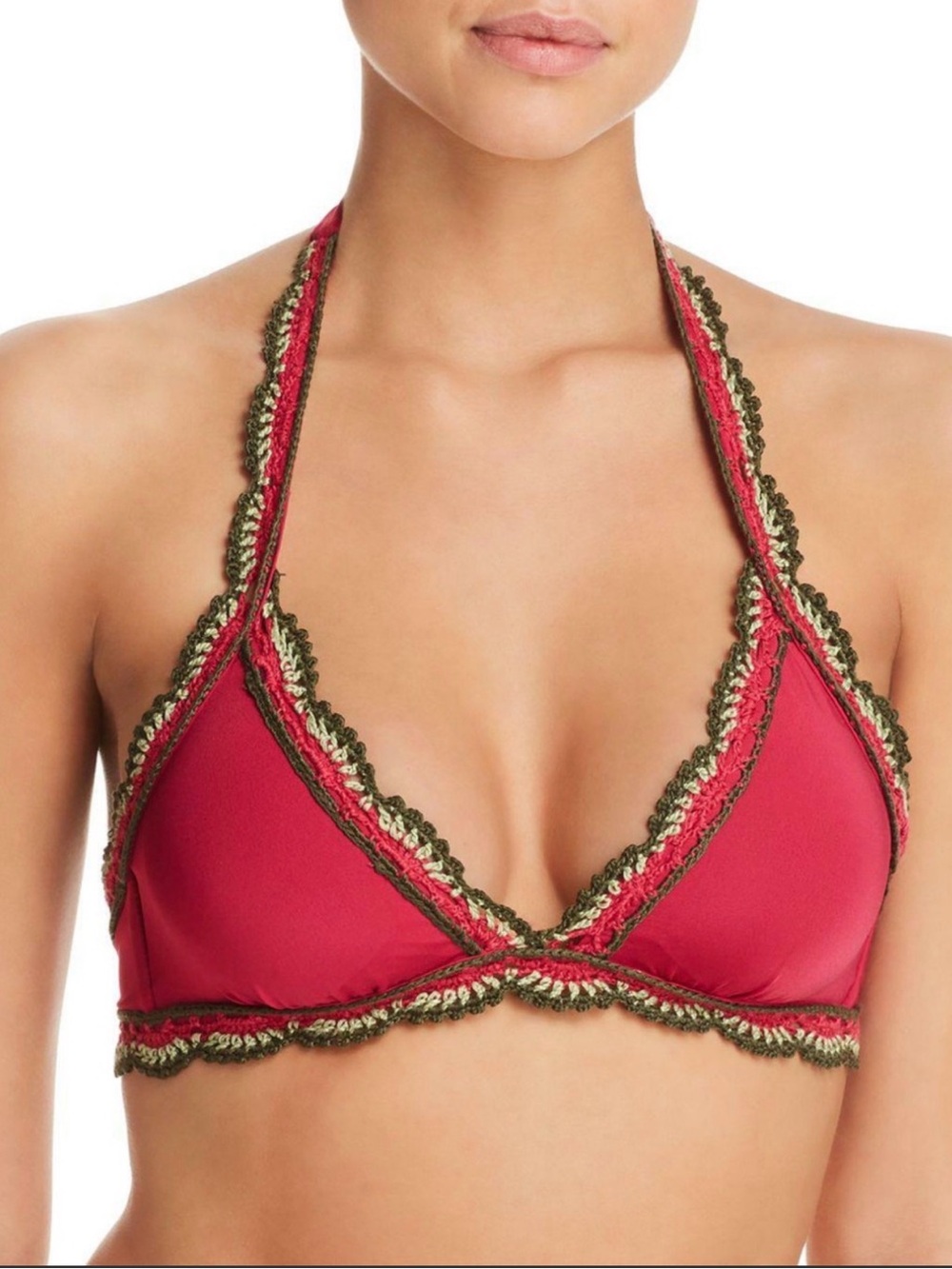 BECCA Womens Medina Halter Crochet Trim Swim Top, Raspberry Small
